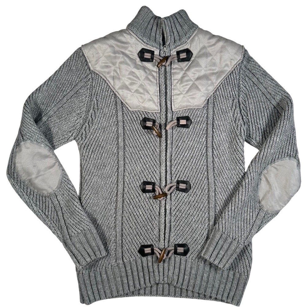LaVané Mens M Chunky Knit Toggle Cardigan Sweater Gray Wool‎ Blend Elbow Patch
